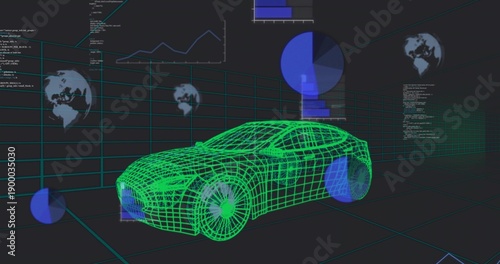 Displaying neon-green wireframe sedan model showing mesh panels and wheel overlays on virtual grid