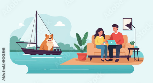 Couple on couch with laptop, dog on sailboat, plants, water scene