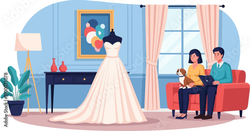 Couple on couch with dog, wedding dress on mannequin, living room interior
