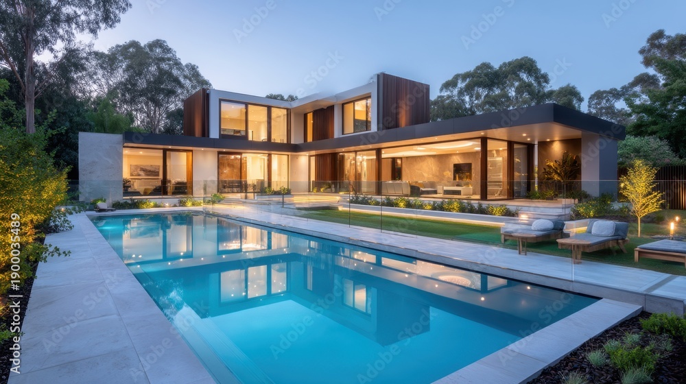 Fototapeta premium Modern luxury home with pool and elegant landscape at dusk