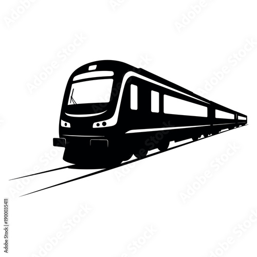 Modern commuter train speeding on tracks perspective view black and white transportation illustration railway travel concept express locomotive silhouette metro transit vehicle icon