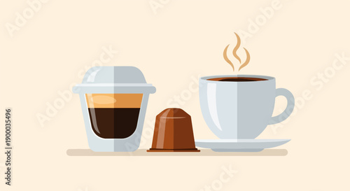 Espresso drink in a glass, a coffee pod, and a steaming hot cup of coffee
