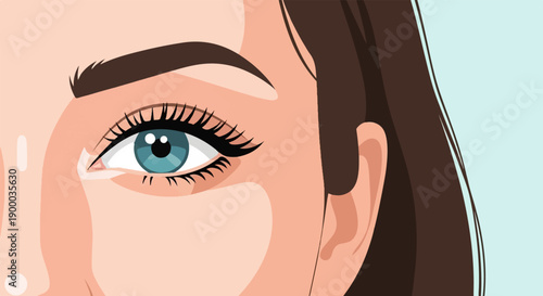 Close-up of a woman's blue eye, brown hair, and ear against pale blue
