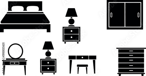 Modern bedroom furniture set in sleek black silhouettes on white