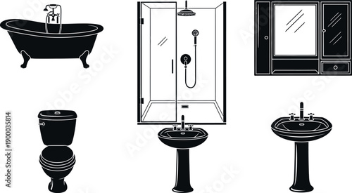Modern bathroom fixtures including bathtub, shower, toilet, and sinks