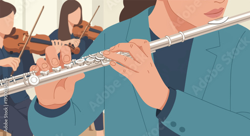 Close-up on a person playing a flute, with violinists in background
