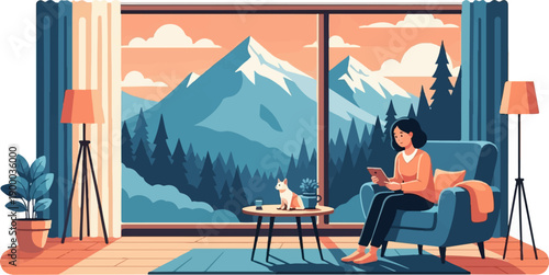 Cozy room with a view of snow-capped mountains, a woman and dog