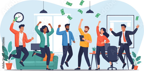 Diverse team celebrates success with flying money in an office
