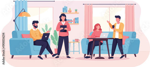 Diverse team collaborates and works remotely in a bright, modern living room setting