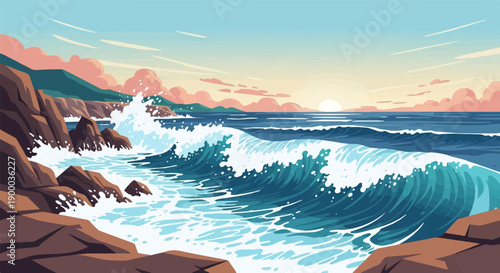 Coastal waves crash against rocky shore at sunset