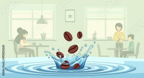 Coffee beans splash into water in a cafe with people sitting at tables