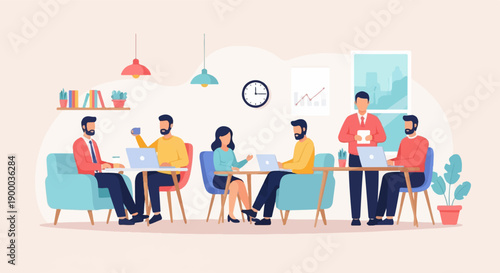 Collaborative meeting with people working and discussing ideas in a bright office space