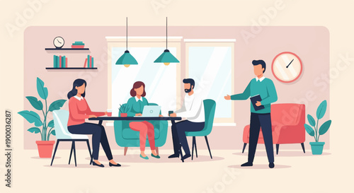 Collaborative work meeting in a modern office setting with plants