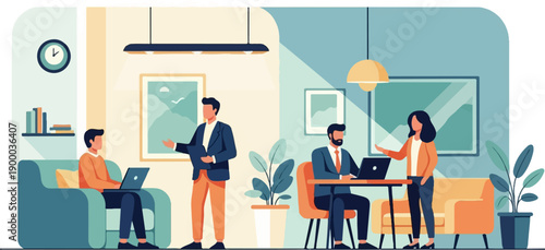 Colleagues collaborate indoors using laptops and discussing work