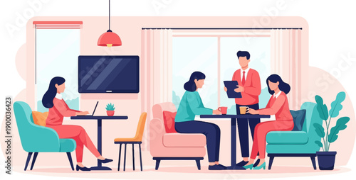 Colleagues collaborate indoors, one on laptop, others discuss