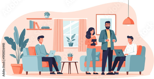 Colleagues collaborate on laptops in a modern, cozy office breakout space