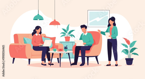 Colleagues collaborate on laptops in a modern living room setting