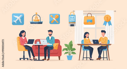 Colleagues collaborate remotely and in person on laptops, with travel and reward icons