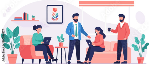 Colleagues collaborate using laptops in a bright, modern office lounge space