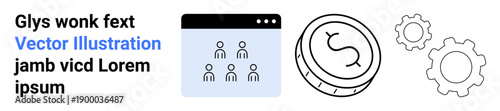 Business management, team collaboration, financial planning, technology, workflow, online tools. Graphical window with user icons, currency illustration and gear symbols. Business management