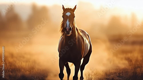 Majestic horse galloping towards camera with stunning backlight golden hour light illuminating its form beautiful textures and natural details in the field