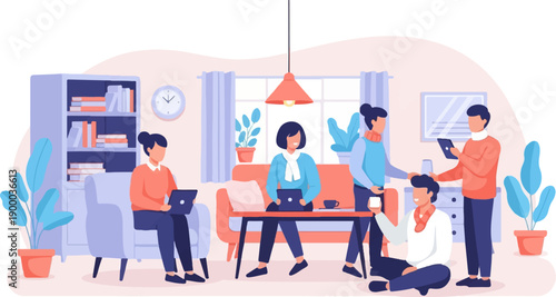 Colleagues collaborating on laptops in a cozy office space