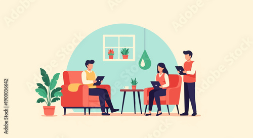 Colleagues interacting in a modern living room with digital devices