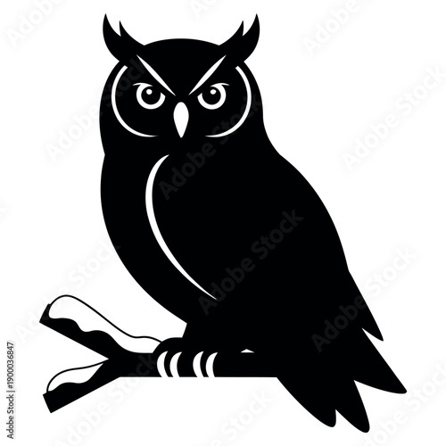 Wise owl mascot sitting on snow covered branch in winter forest black and white illustration great horned bird predator profile symbol nocturnal animal nature wilderness art design