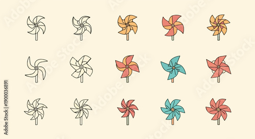 Collection of colorful pinwheels on a light background