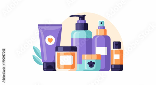 Collection of colorful skincare bottles and jars with an oval background