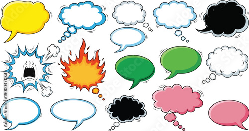 Collection of comic-style speech and thought bubbles in various colors