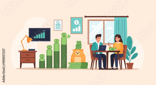 Couple managing finances with laptop and charts