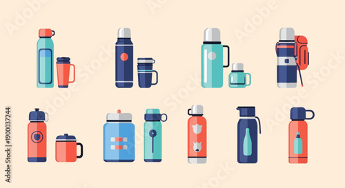 Collection of illustrated thermoses and mugs in various shapes and colors