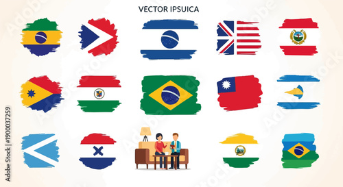 Collection of international flags and a couple relaxing indoors