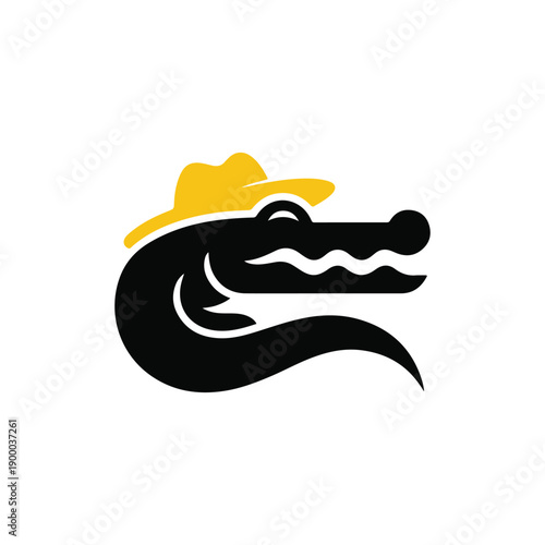 Stylish crocodile wearing yellow cowboy hat vector logo