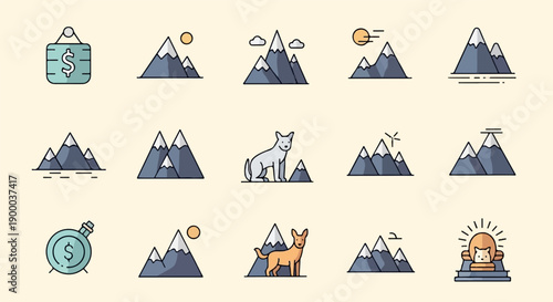 Collection of stylized mountain range icons with sun, clouds, and animals