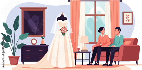 Couple looking at wedding dress in a cozy room setting