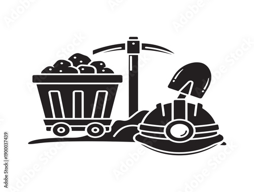 Mining industry vector illustration with miner helmet and coal cart