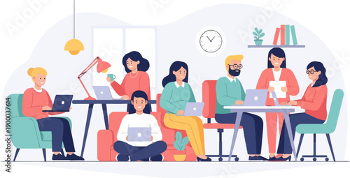 Diverse group collaborating on laptops in a modern, bright office setting