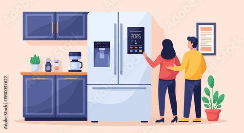 Couple interacts with smart refrigerator displaying year 2026