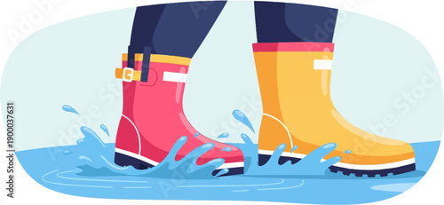 Colorful boots splash through puddles on a light blue background