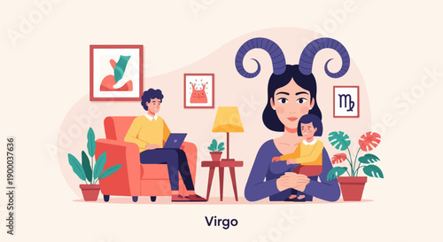 Family and person using laptop in a room with zodiac symbol