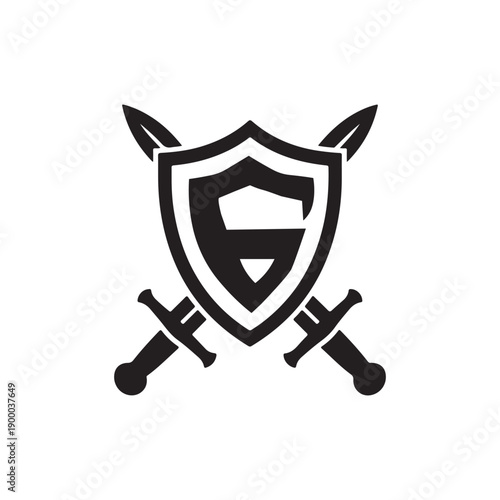 Bold shield and crossed swords logo for protection and strength