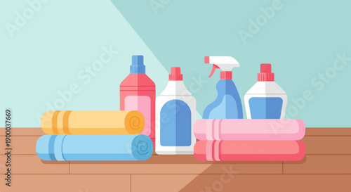 Colorful bottles of cleaning supplies and neatly folded towels on a wooden shelf