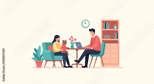 Family and pet relax at home with a laptop and books