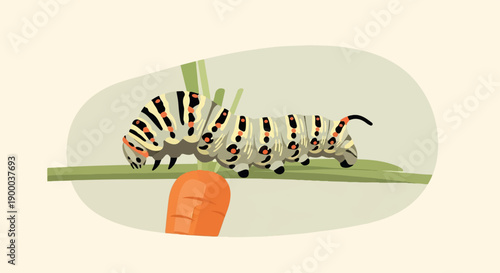 Colorful caterpillar eating a carrot on a branch