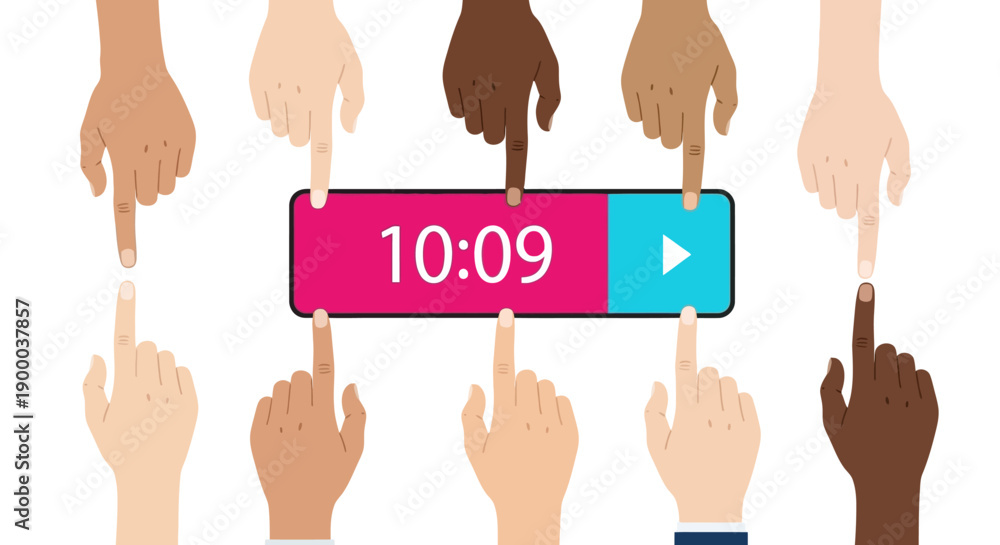 Fototapeta premium Global Video Engagement Concept: Diverse Hands Pointing to Multimedia Player Timeline. Social Media Content Viewership Illustration.