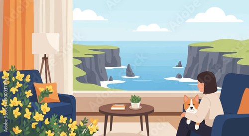 Cozy room with dog overlooking a dramatic ocean cliff seascape