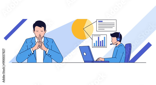Business Strategy and Customer Support Team Collaboration. Leader Making Decisions Based on Data Analysis. Flat Illustration.