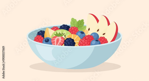 Colorful fruit salad overflowing from a light blue bowl